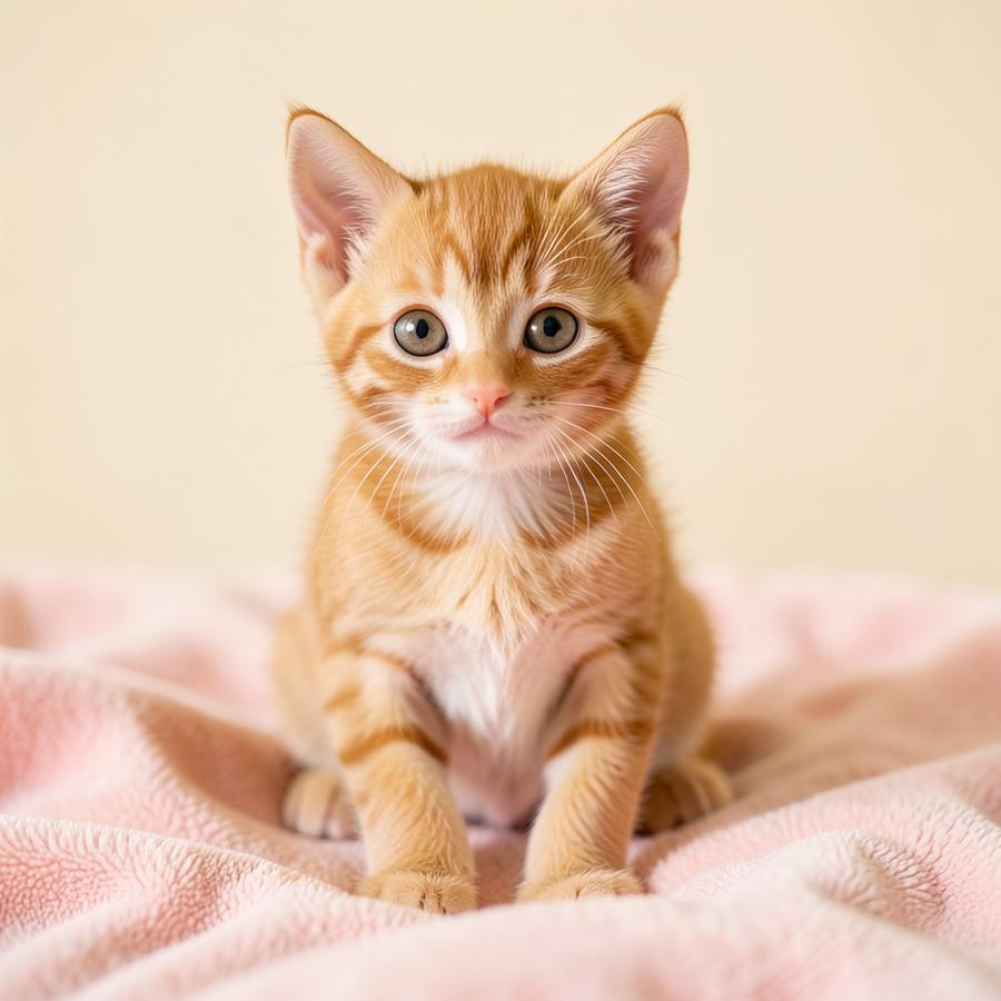 Small orange kitten sitting on a soft blush blanket