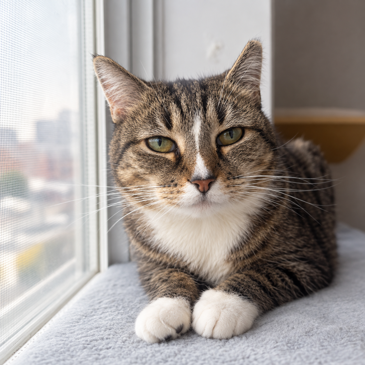 Meow Meow, a senior rescued cat, resting comfortably indoors