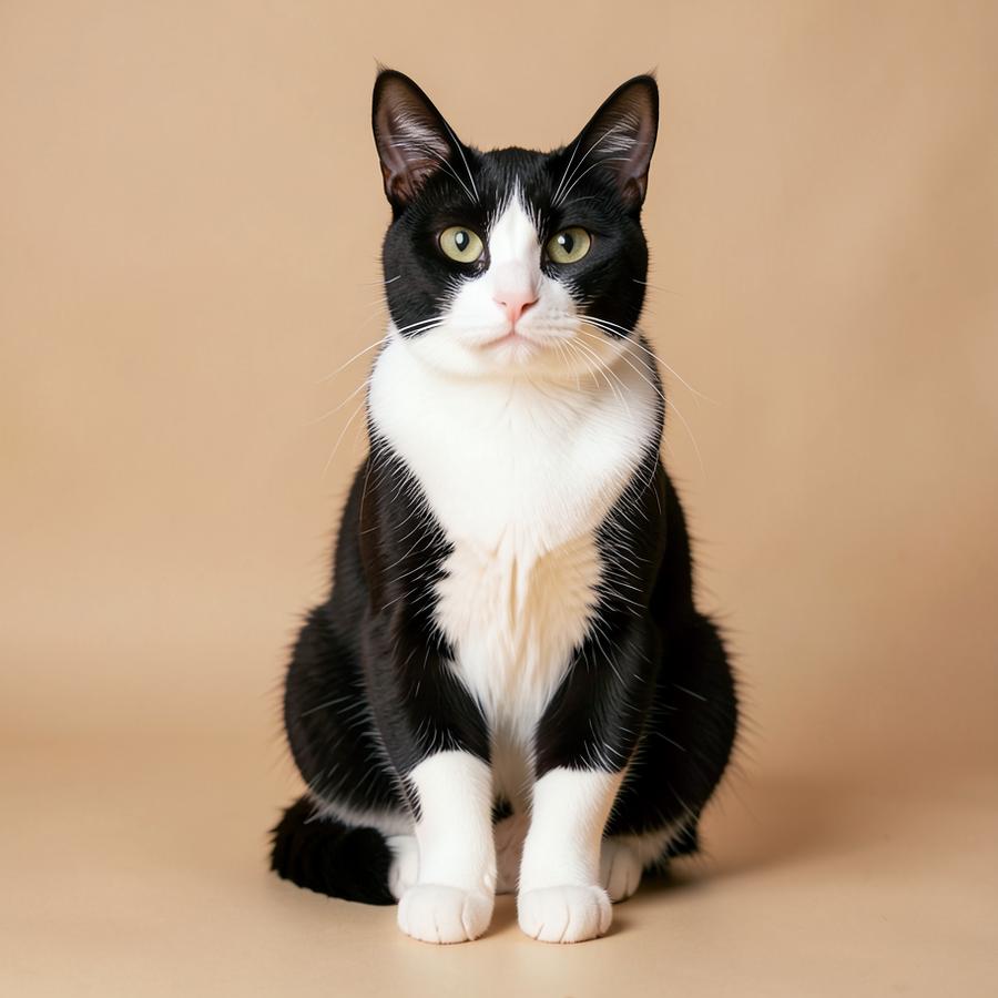 Black and white tuxedo cat sitting calmly