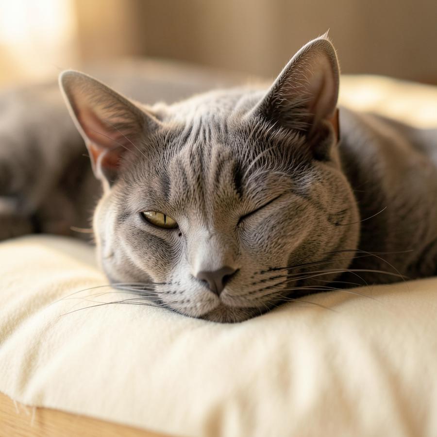 Gentle gray senior cat resting on a cream cushion