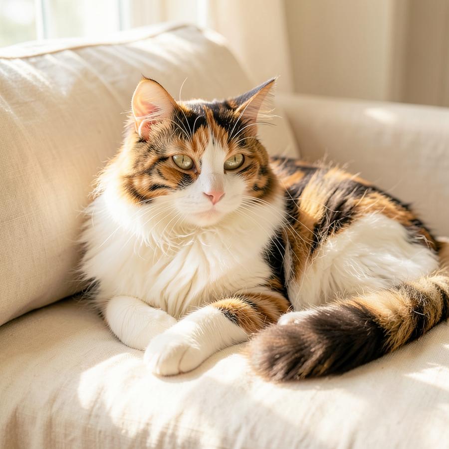 Fluffy calico cat lounging on a linen sofa