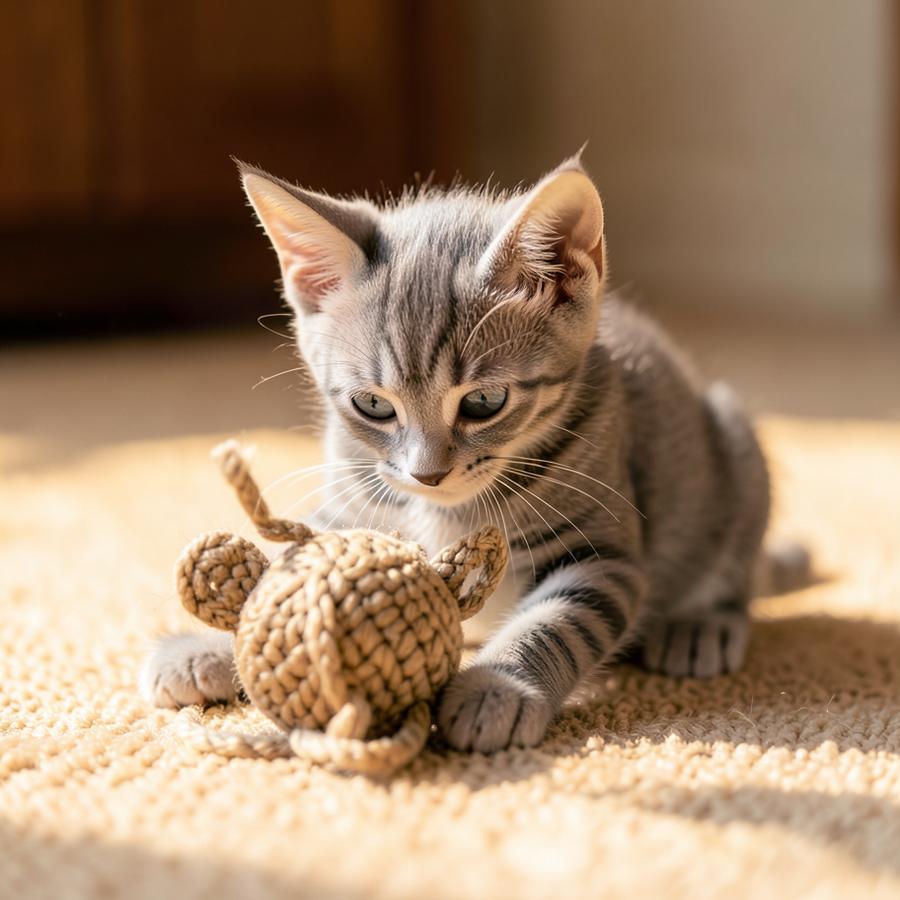Young gray tabby kitten playing with a knitted toy