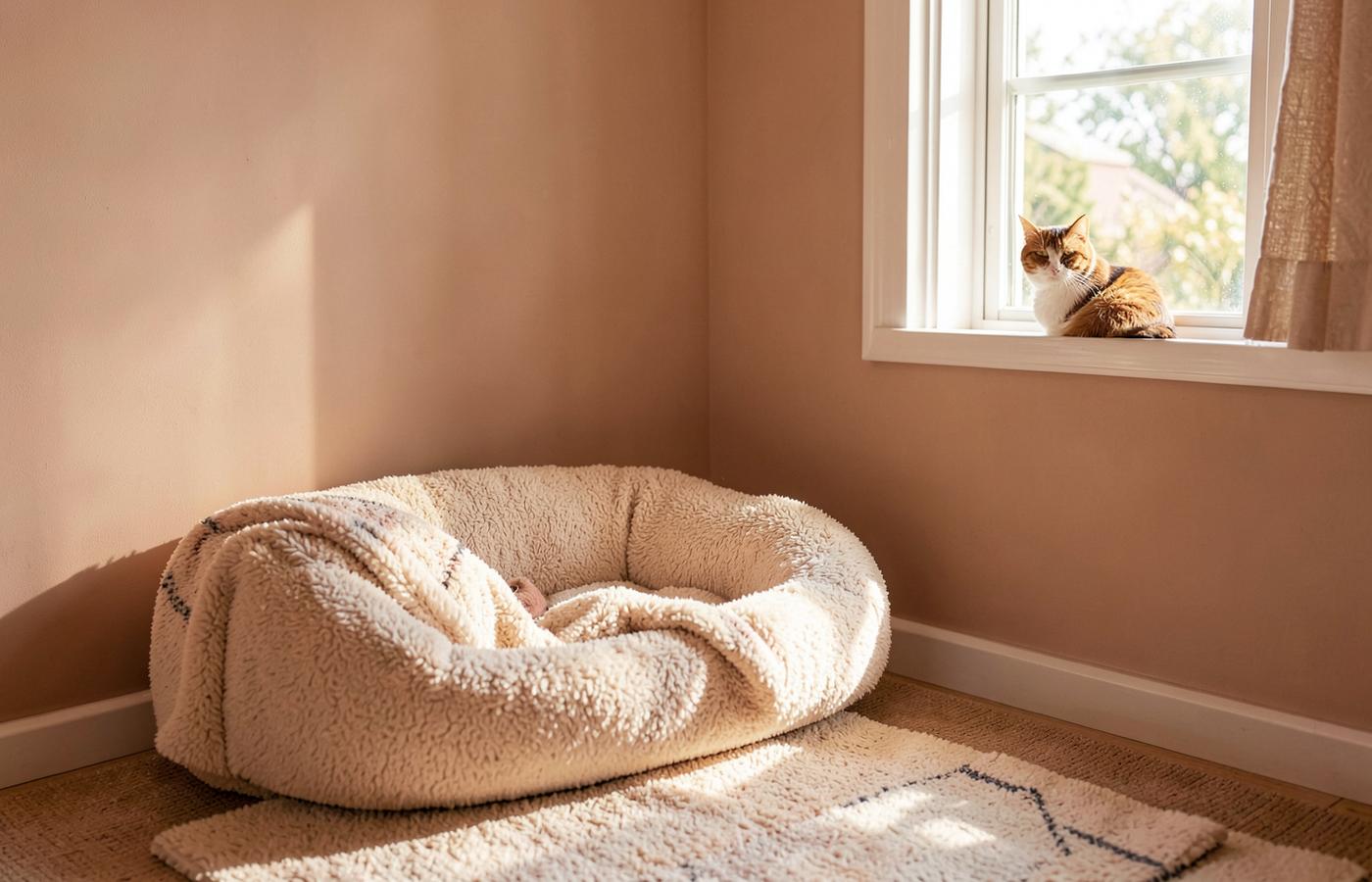 A cozy foster room with a soft cat bed and a cat resting in a sunny window