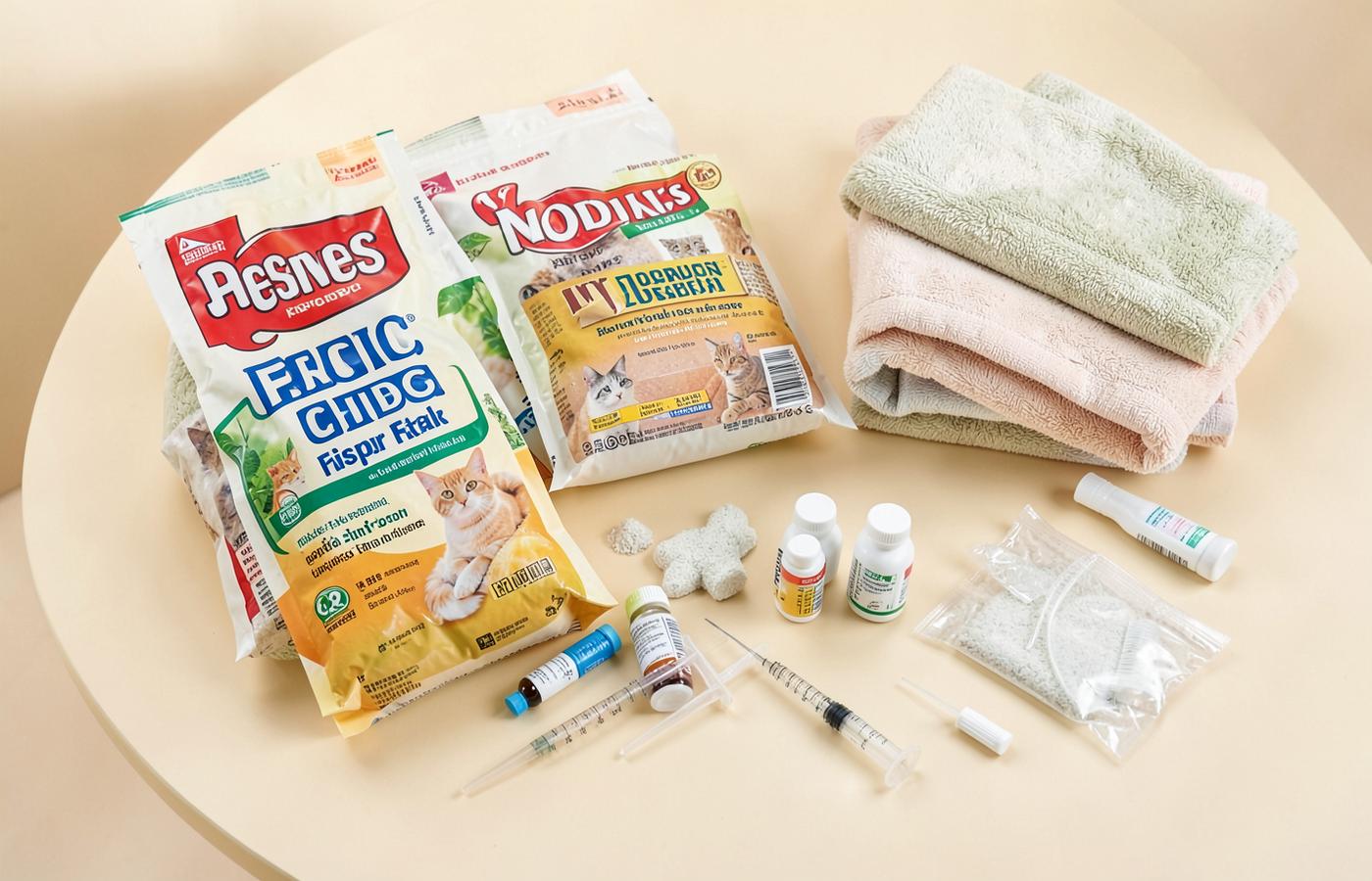 Cat rescue supplies including food, litter, blankets, medication and oral syringes
